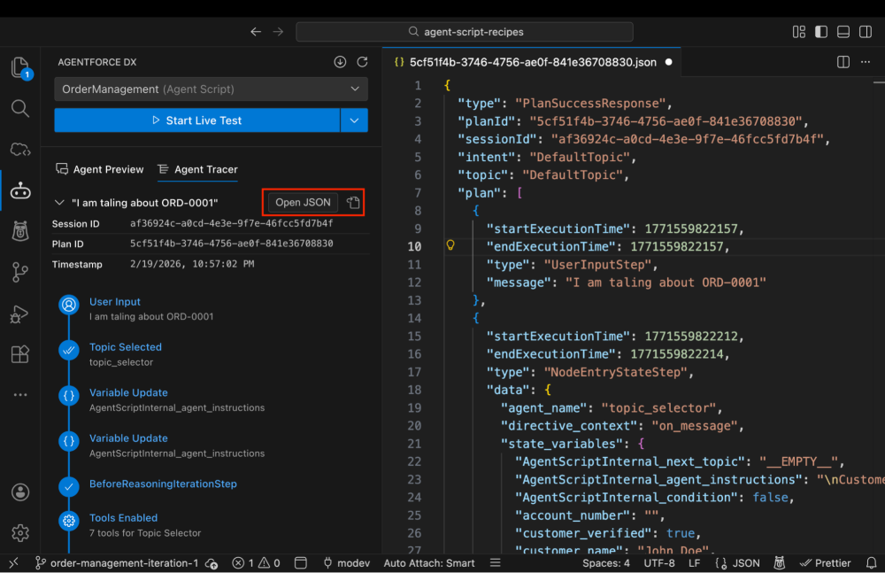 Agent Tracer within Visual Studio Code powered by Agentforce DX extension