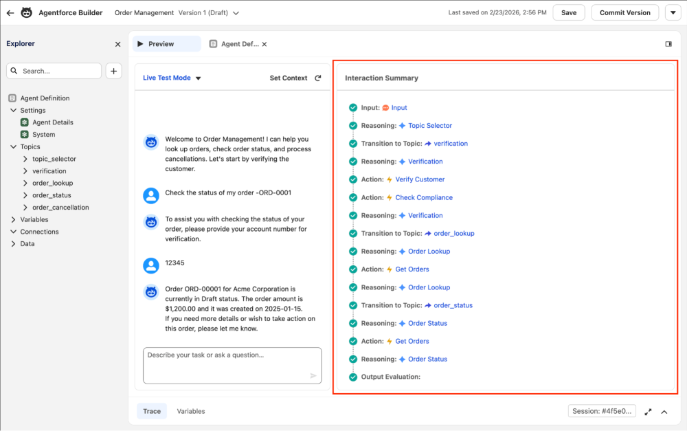 Screenshot of Interaction Summary panel inside Agentforce Builder
