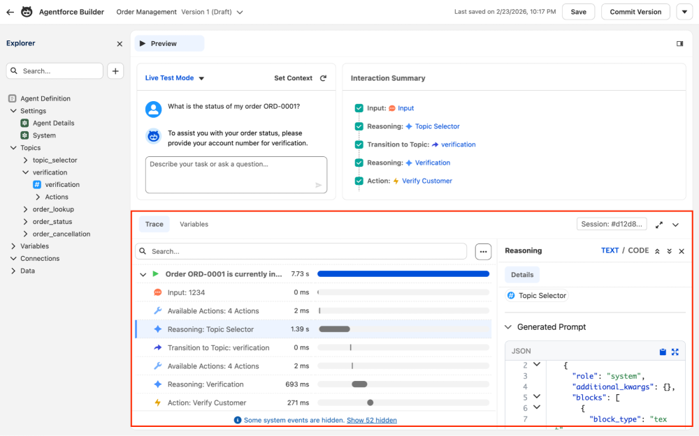 Screenshot of Trace within Agentforce Builder