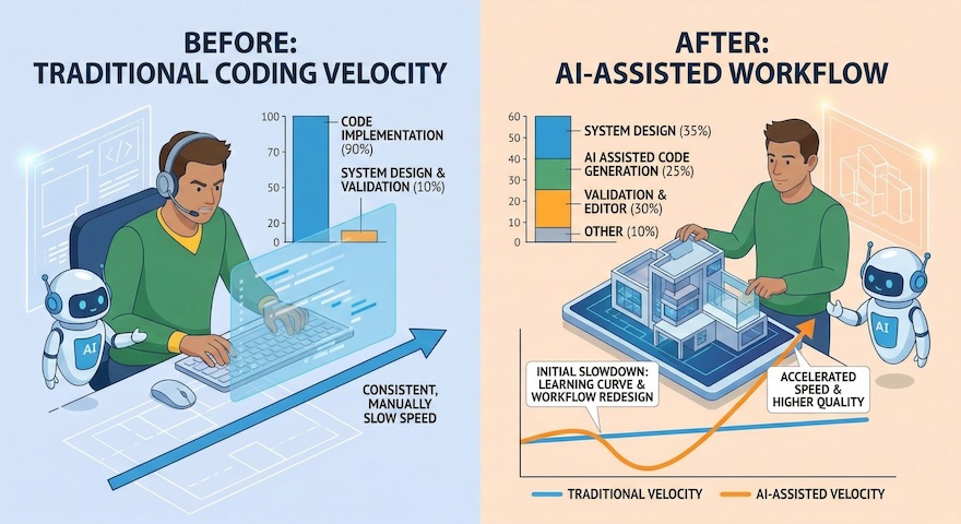 Adopting AI-assisted tooling creates an initial slowdown (the 'J-curve') as workflows shift from 90% implementation to a balance of system design, validation, and editing.