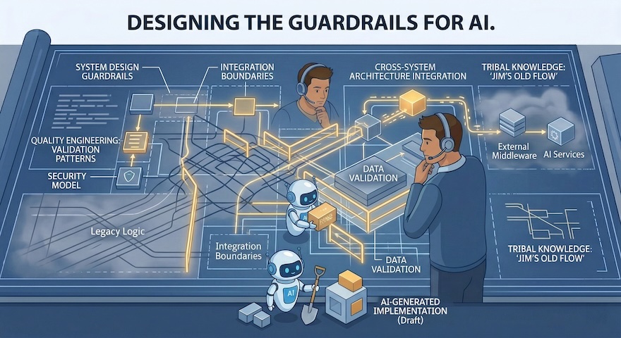 An architectural blueprint showing a Salesforce developer designing golden Integration Boundaries and Guardrails while small AI robots execute work within those defined lanes.