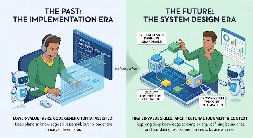 The Salesforce developer’s core value is shifting away from code implementation (left) toward system design, quality validation, and cross-system thinking (right).