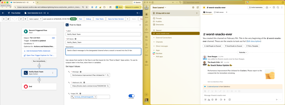 A split screen showing Salesforce Flow Builder logic on the left and a Slack channel on the right where a bot named The Snack Critic has posted a warning about Crackers.
