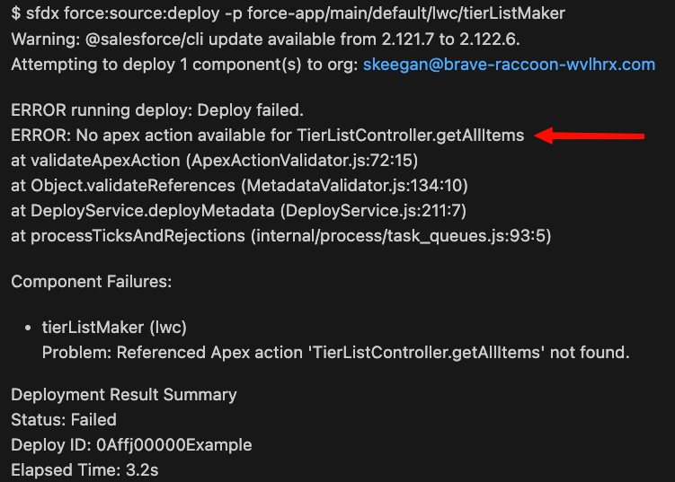 A terminal window showing a Salesforce deployment failure with the error message No apex action available for TierListController.getAllItems highlighted.