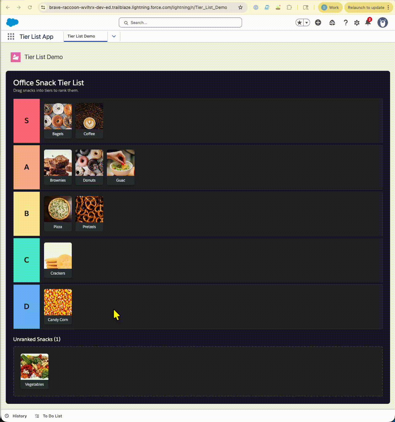 An animated screen recording showing a user dragging a snack item from an unranked list and dropping it into a designated tier row within a Salesforce interface.