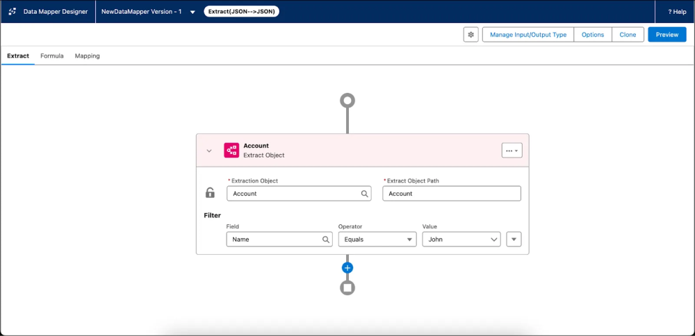 Data Mapper Designer with an Extract Object element on the canvas.