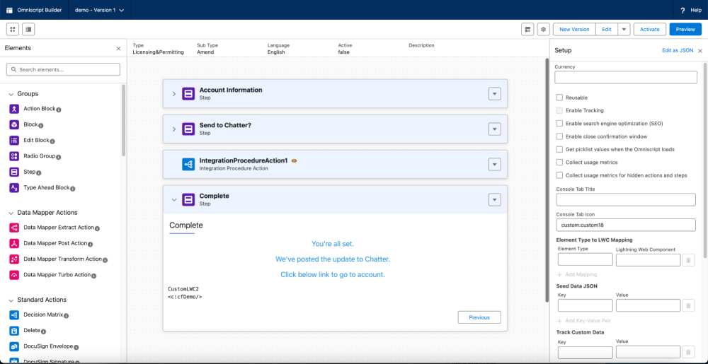 Salesforce Omniscript Builder page showing a multistep guided process.
