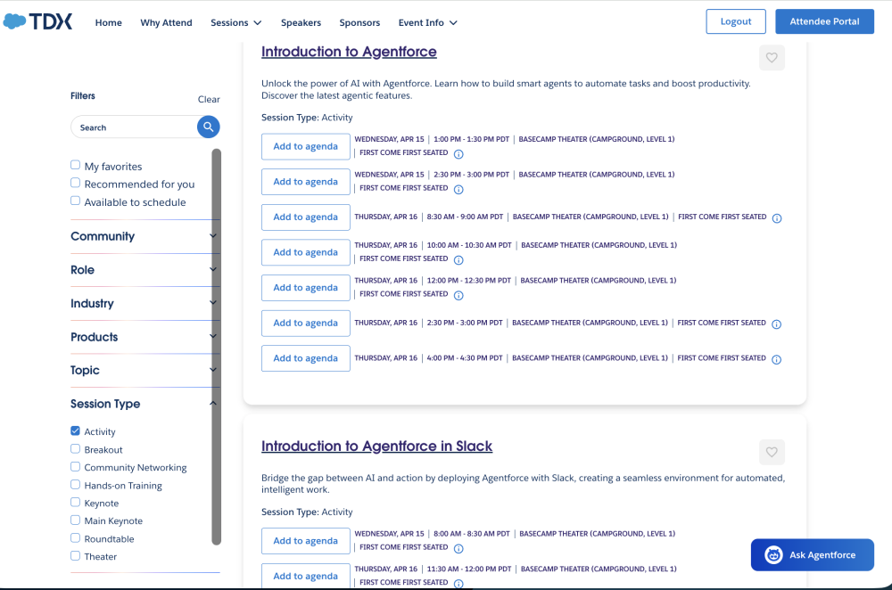 TDX 2026 session catalog with the session type "Activity" checked.