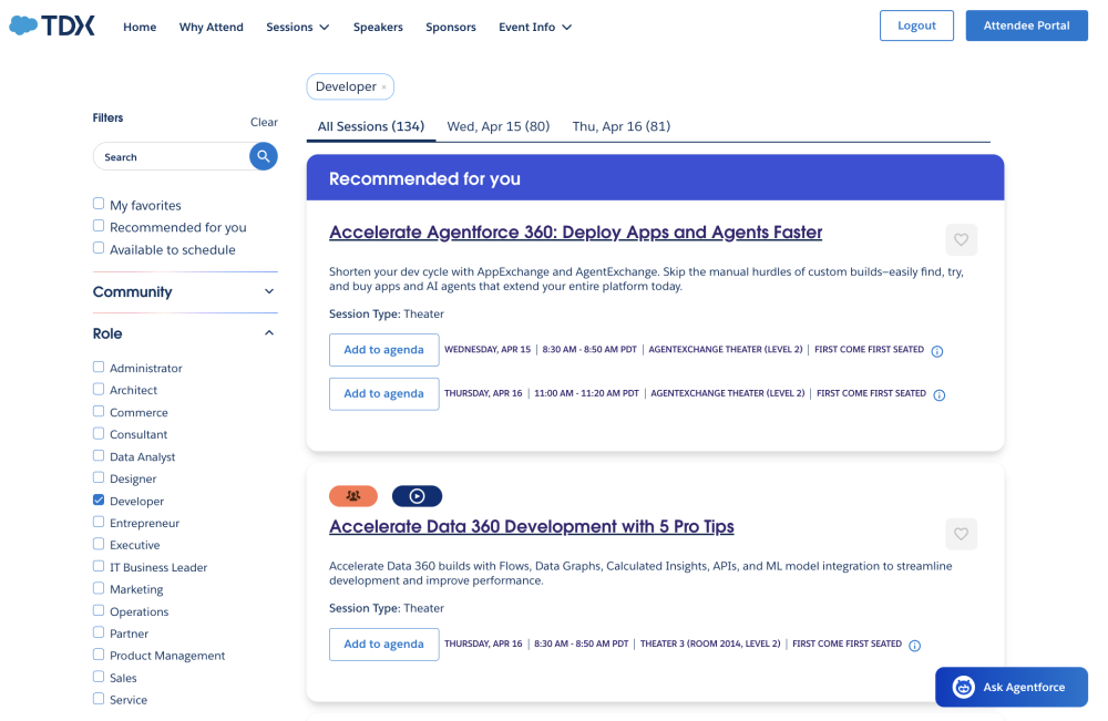 TDX 2026 session catalog with Developer role box checked.