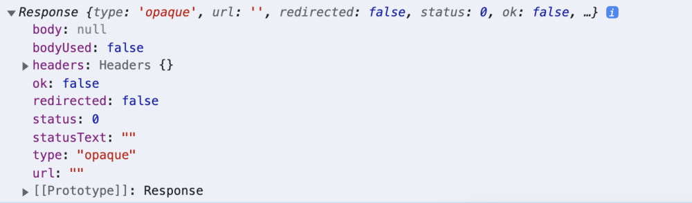 A screenshot of an opaque response object logged in the browser console that shows the ok property to be false, body to be null, status to be 0, and headers to be empty