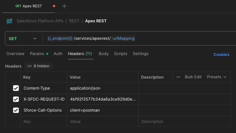 screenshot of Postman showing a Salesforce Platform API request with the request ID and client name passed as headers