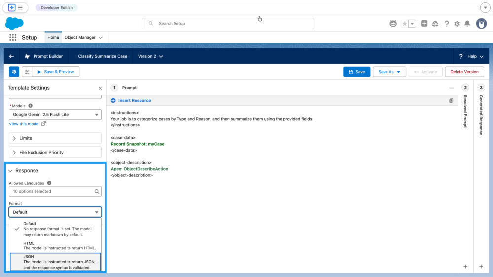 Salesforce Prompt Builder UI showing the Response Format dropdown being set to JSON