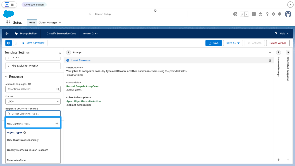 Prompt Builder Response Structure dropdown showing the New Lightning Type selection