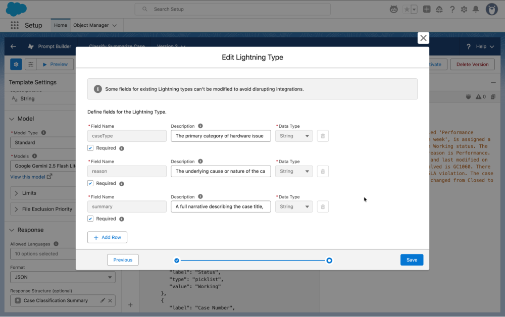 Edit Lightning Type modal in Salesforce configuring caseType, reason, and summary String fields