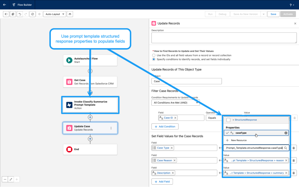 Salesforce Flow Builder showing structured response variables mapped to Case fields in an Update Records element