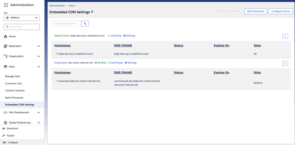 Administration UI showing Embedded CDN Settings with Default and Proxy Zones