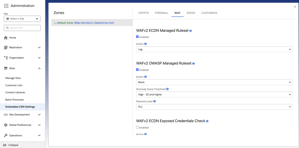 Administration UI showing WAF Settings