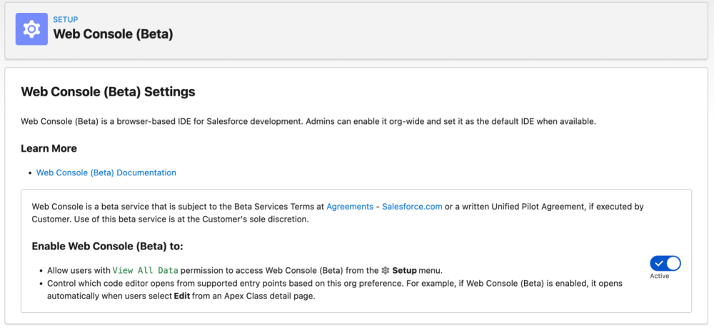 A screenshot of the Web Console (Beta) Settings UI showing the feature as Active