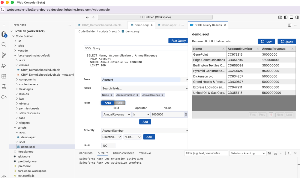 A screenshot of Web Console (beta) showing a SOQL query and its results