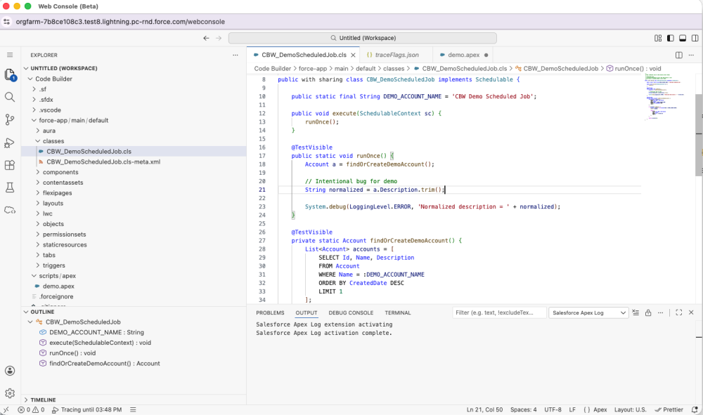 A screenshot of Web Console (beta) showing the Explorer on the left and code on the right