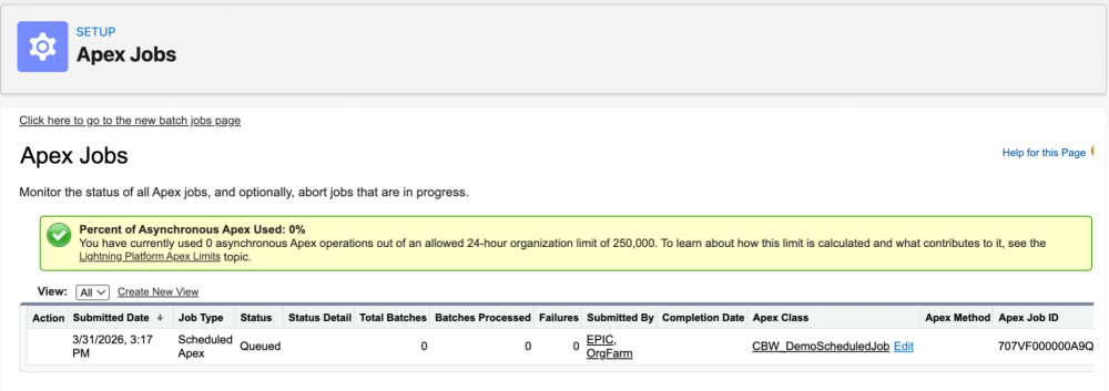 A screenshot showing Apex jobs with one Scheduled Apex job queued