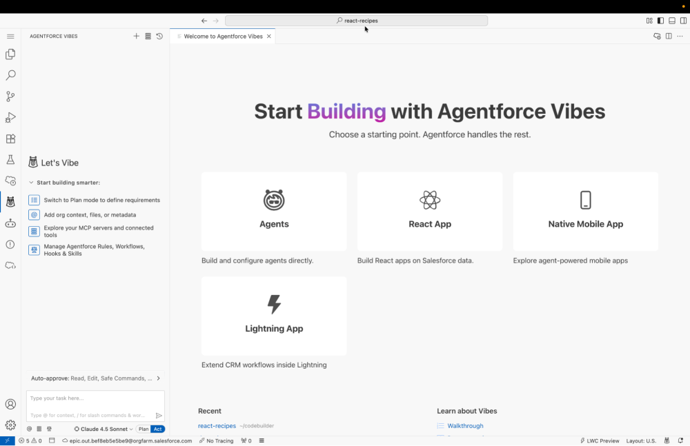 Agentforce Vibes welcome screen showing the React App tile