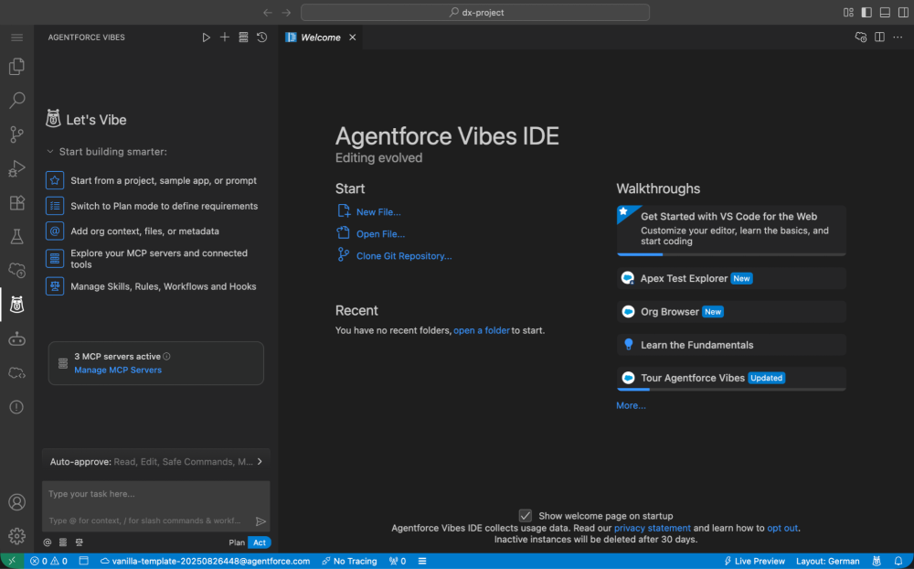 Agentforce Vibes IDE open in the browser