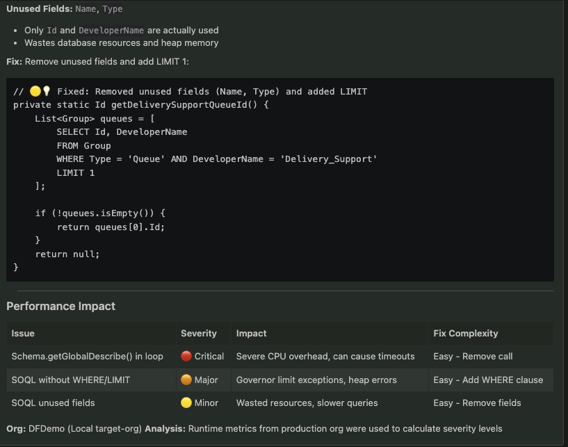 ApexGuru runtime data and performance guidance displayed directly in the IDE.