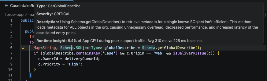 ApexGuru scan results inside Agentforce Vibes showing a CRITICAL severity antipattern, its description, and runtime metrics, including “8.4% of App CPU during peak support traffic”.