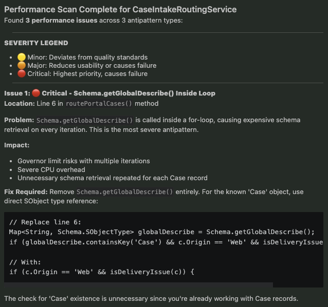 Detailed view of a critical ApexGuru finding showing the flagged line, why Schema.getGlobalDescribe() in a loop is costly, and the recommended direct SObject type fix.