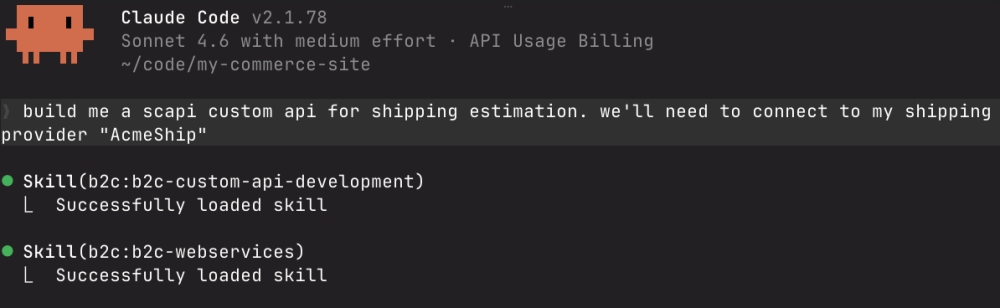 Claude Code responding to a B2C Commerce development prompt using the installed agent skills to provide context-aware guidance.