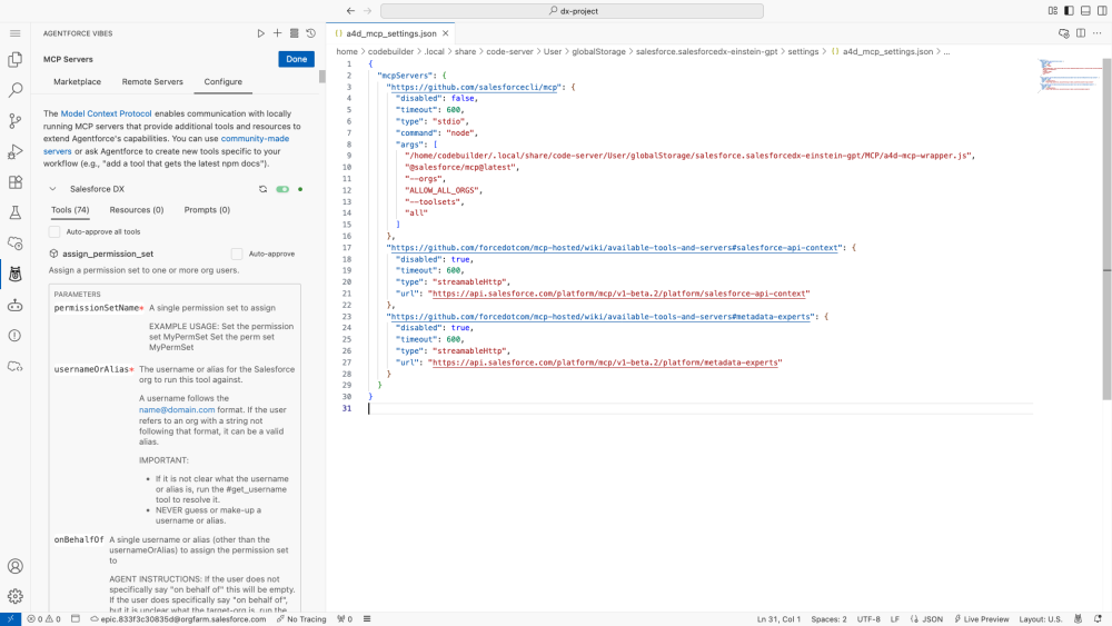 Screenshot of the Agentforce Vibes configuration panel alongside a JSON settings file showing manual MCP server tool management.