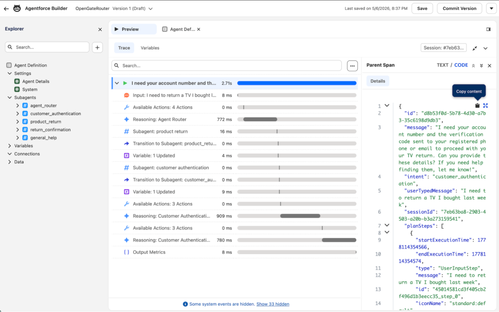 Copy trace logs for AgentLens in Agentforce Builder