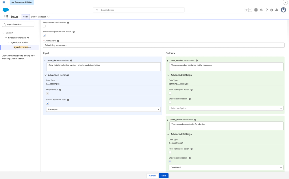 The UI for creating an Agentforce action under Agentforce Assets