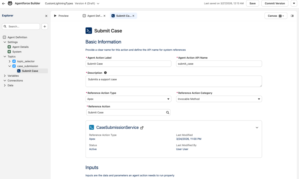 User interface for building an agent with custom Lightning types in the new Agentforce Builder to adhere to precise naming conventions