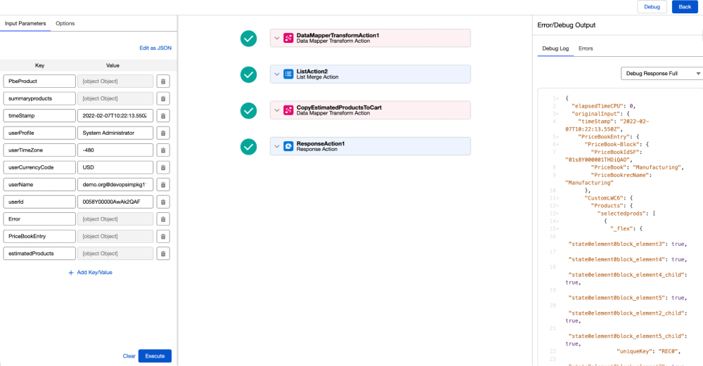 Integration Procedure canvas displaying a successful sequential flow of actions.