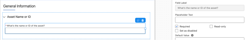 Omniscript property panel highlighting a required text field.