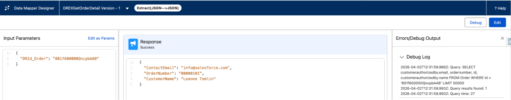 Data Mapper debug interface showing a successful JSON execution.