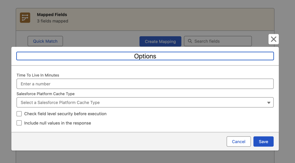 Data Mapper options dialog highlighting null value handling.