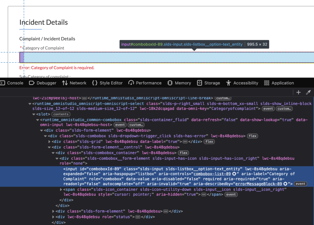 Developer tools inspecting an Omniscript's nested LWC DOM structure.