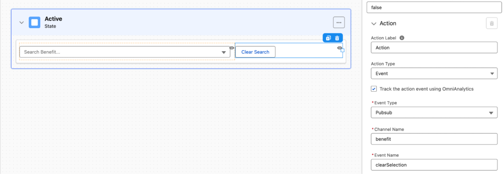 Flexcard designer displaying an action button configured for Omnianalytics.