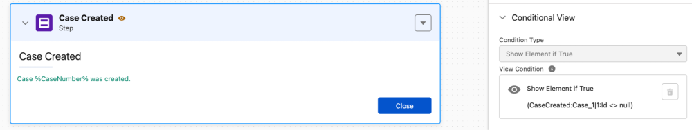 Omniscript configuration panel showing Conditional View settings.