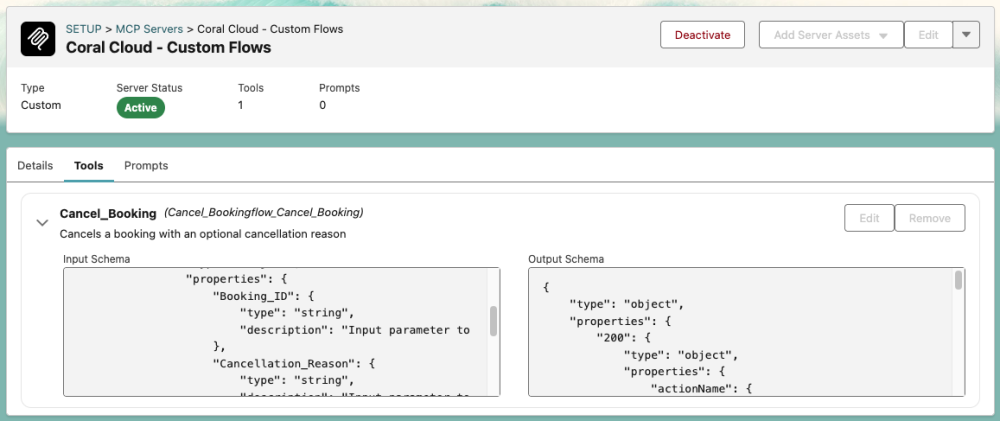 Screenshot of a custom hosted MCP server exposing a Cancel Booking flow