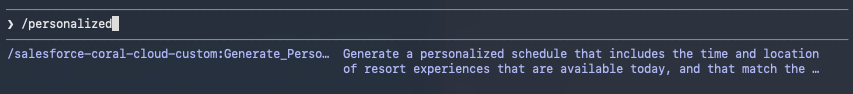 Screenshot of Claude Code autocompleting a custom Salesforce MCP prompt command.