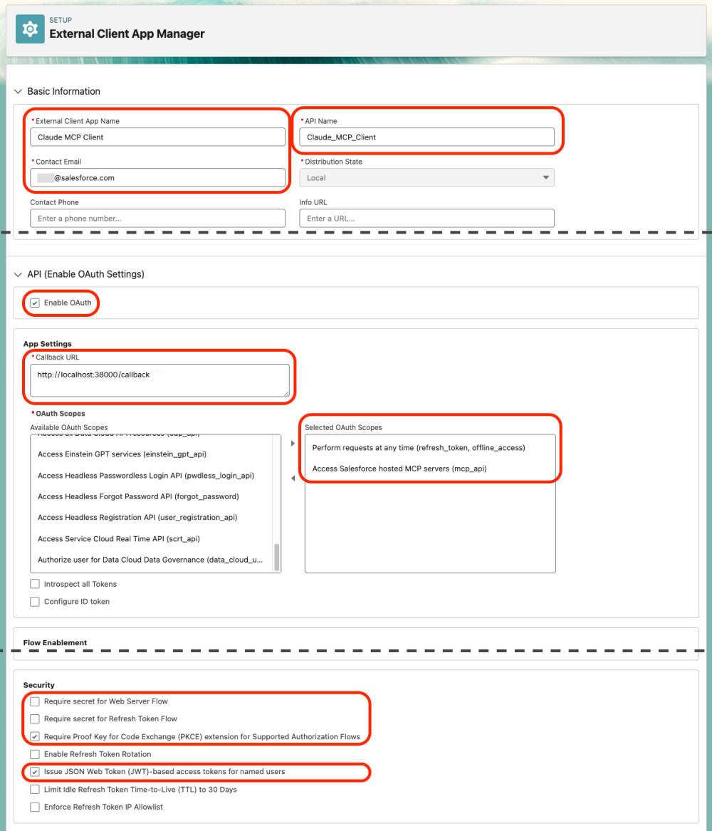 Screenshot of the ECA configuration
