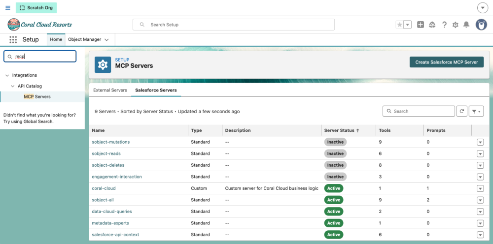 Screenshot showing a list of Salesforce Hosted MCP Servers with some active
