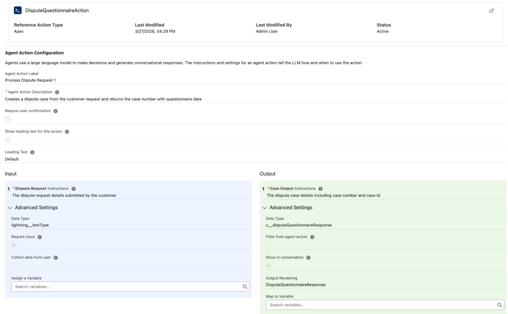 Screenshot showing the sample agent action configuration in Agent Builder