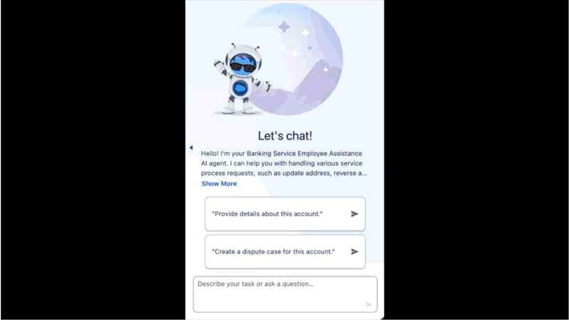 Screen recording of an agent in a Discovery Framework experience with structured form fields, radio buttons, and navigation controls embedded in the Agent interface.