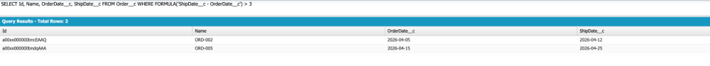 Screenshot of a SOQL query using the FORMULA() function to calculate shipping delays.