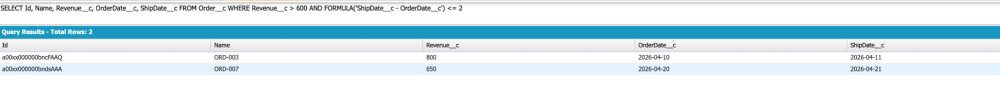 Screenshot of a SOQL query combining standard field filter with FORMULA function.